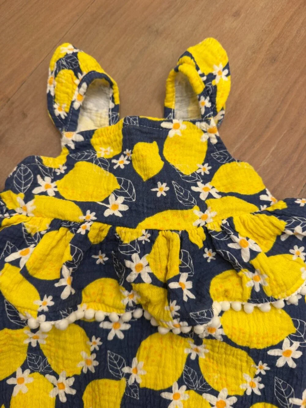 Mud Pie Lemon Daisy Pom-Pom Bubble Romper Navy Yellow 9-12M
